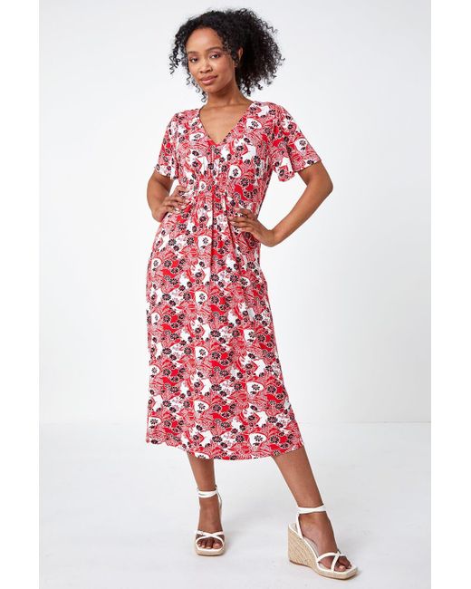 Roman Petite Floral Shirred Stretch Midi Dress