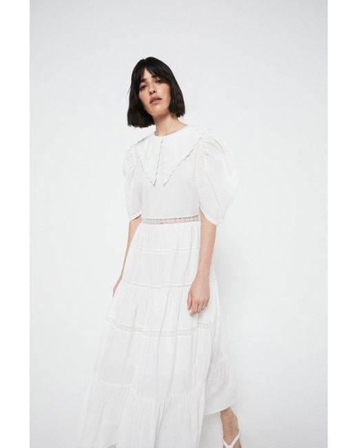 Warehouse White Midi Dress With Broderie Collar