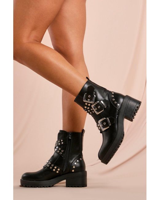 MissPap Black Studded Buckle Chunky Hiker Boots