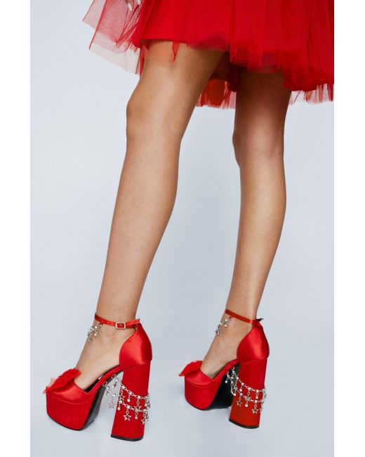 Nasty Gal Red Satin Chain & Bow Detail Platform Heels