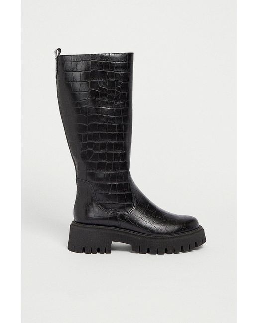 Warehouse Black Leather Croc Chunky Knee High Boot