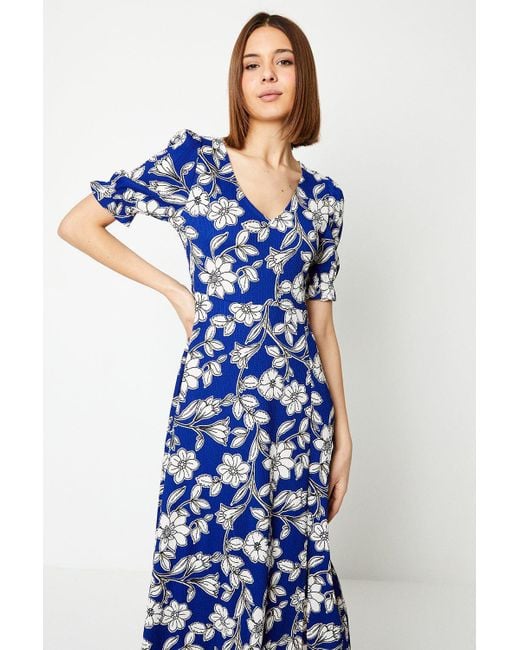 Dorothy Perkins Blue Floral Short Sleeve V Neck Midi Dress