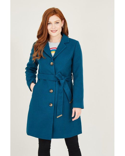 Yumi' Blue Teal Belted Coat With Spot Lining