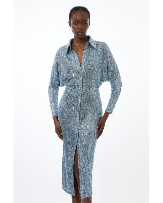 Karen Millen Blue Tall Stretch Jersey Sequin Shirt Maxi Dress