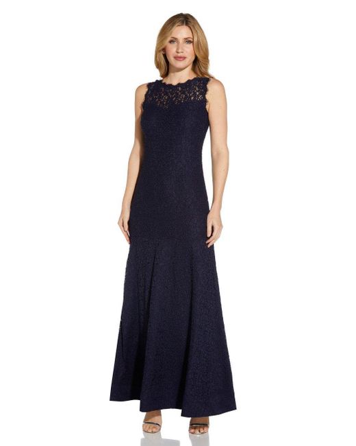 Adrianna Papell Blue Sleeveless Lace Trumpet Gown