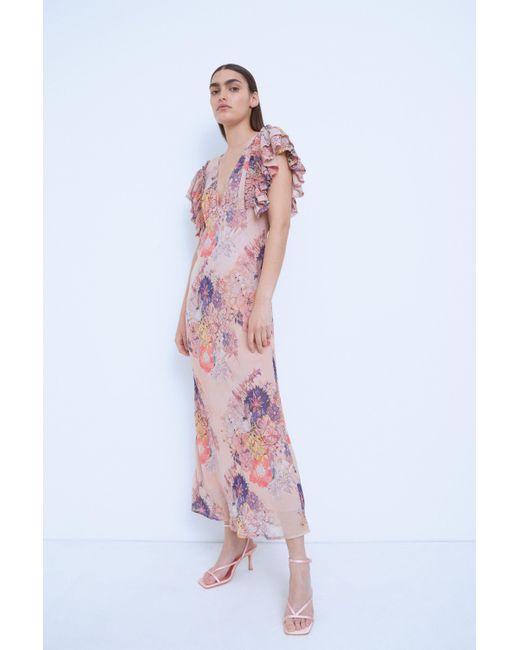 Warehouse White Wh X The British Museum: The Charles Rennie Mackintosh Collection Ruffle Maxi Dress In Floral