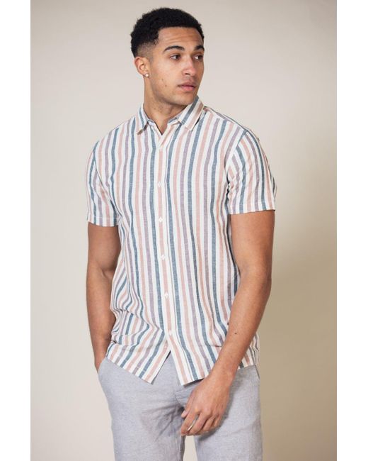 Nordam White Cotton Linen Blend Short Sleeve Button-up Striped Shirt for men