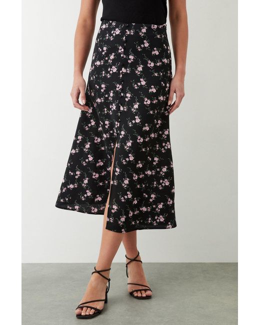 Dorothy Perkins Black Ditsy Floral Button Through Midi Skirt