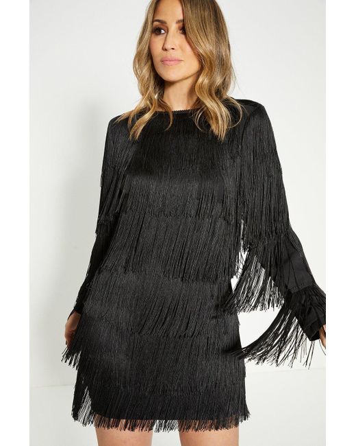 Oasis Black Rachel Stevens Fringed Long Sleeve Mini Dress