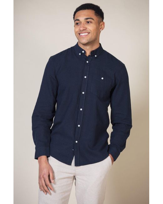 Nines Blue Linen Blend Long Sleeve Button-up Shirt With Chest Pocket for men