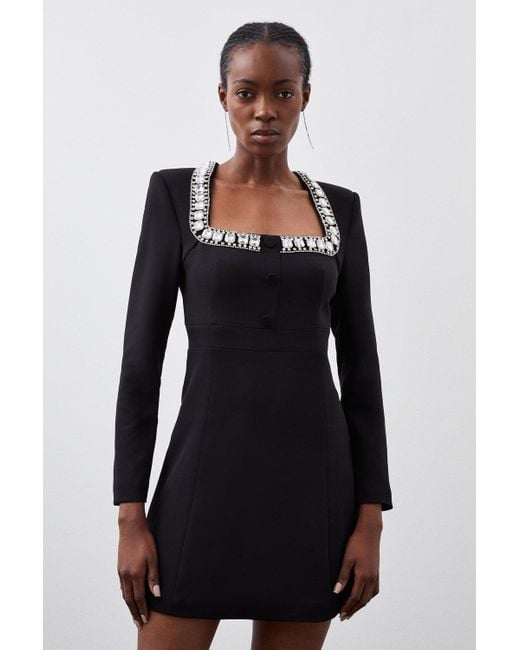 Karen Millen Black Tailored Compact Viscose Stretch Embellished Sleeve Mini Dress