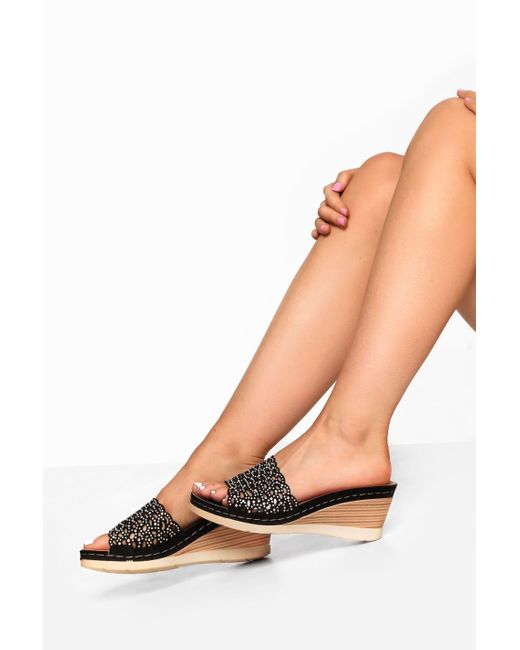 Yours Black Extra Wide Fit Diamante Heeled Mules