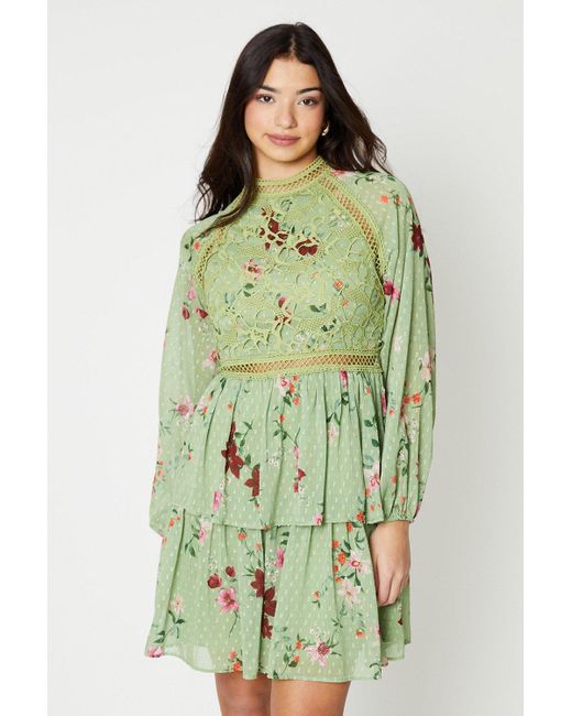 Oasis Green Floral Lace Trim Dobby Chiffon Tiered Mini Dress