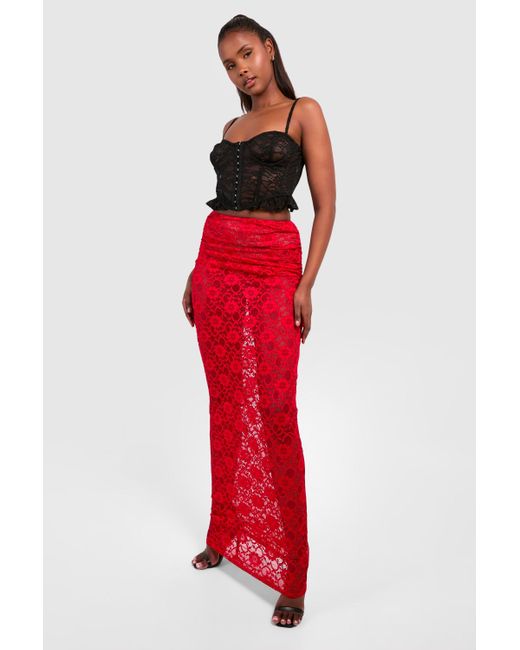 Boohoo Red Lace Maxi Skirt