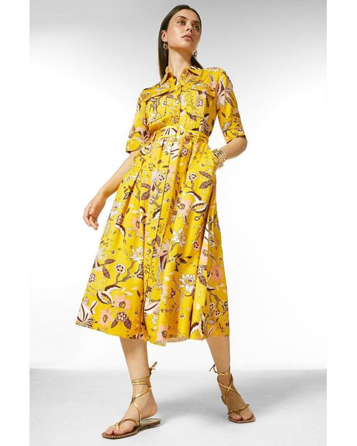 Karen Millen Yellow Batik Floral Linen Viscose Shirt Dress