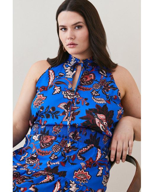 Karen Millen Blue Plus Size Floral Shirred Woven Maxi Dress
