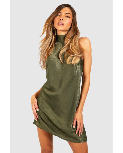 Boohoo Green Hamered Satin Halterneck Slip Dress