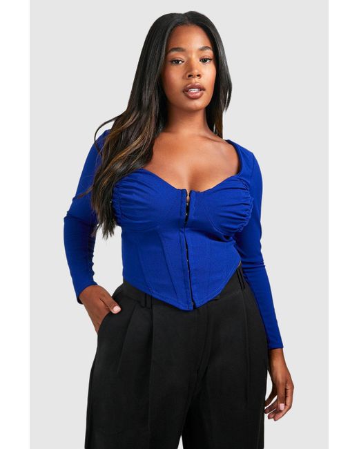 Boohoo Blue Plus Ruched Detail Hook And Eye Corset Top