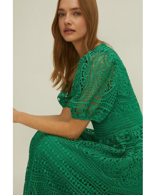 Oasis Green Petite Premium Lace Puff Sleeve Midi Dress