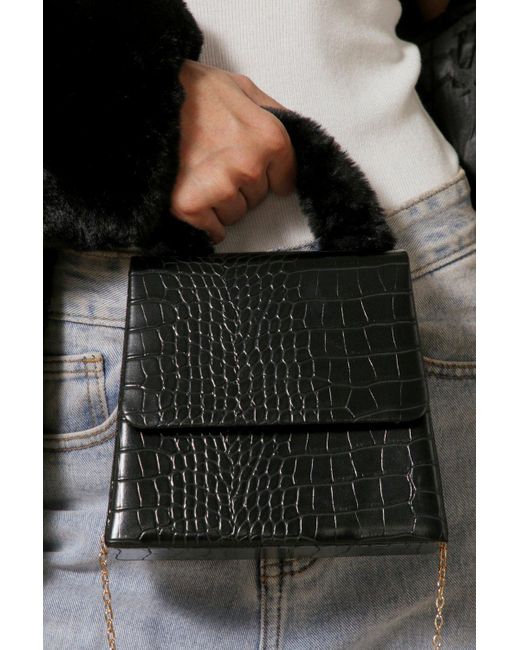 MissPap Black Croc Faux Fur Handle Grab Bag