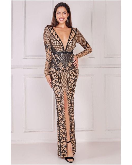 Goddiva plunge embellished sequin mini dress with long sleeves in rose pink sale