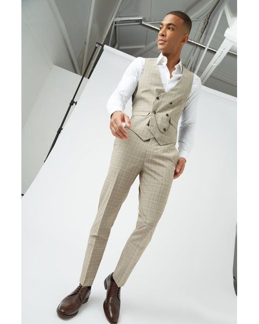 Burton Natural Slim Fit Stone Fine Multi Check Waistcoat for men