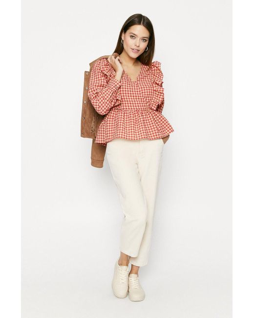 Oasis Red Check Ruffle Blouse