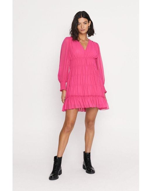 Oasis Pink Shirred V Neck Mini Dress