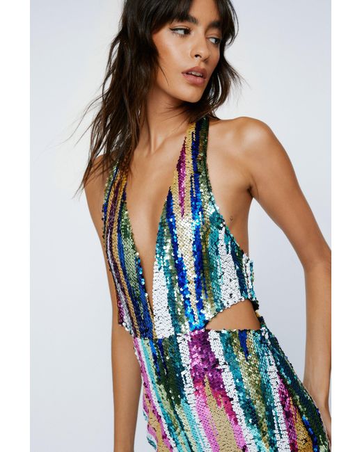 Nasty Gal Blue Stripe Sequin Halterneck Cut Out Jumpsuit