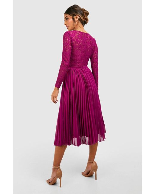 Boohoo Pink Lace Pleated Midi Dress