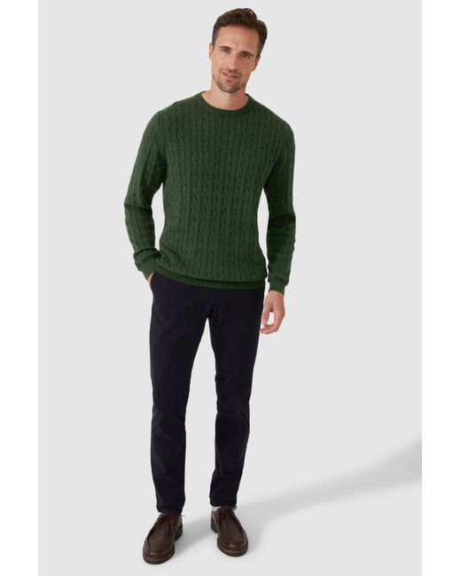 MAINE Green Pure Cotton Cable Crew Jumper for men