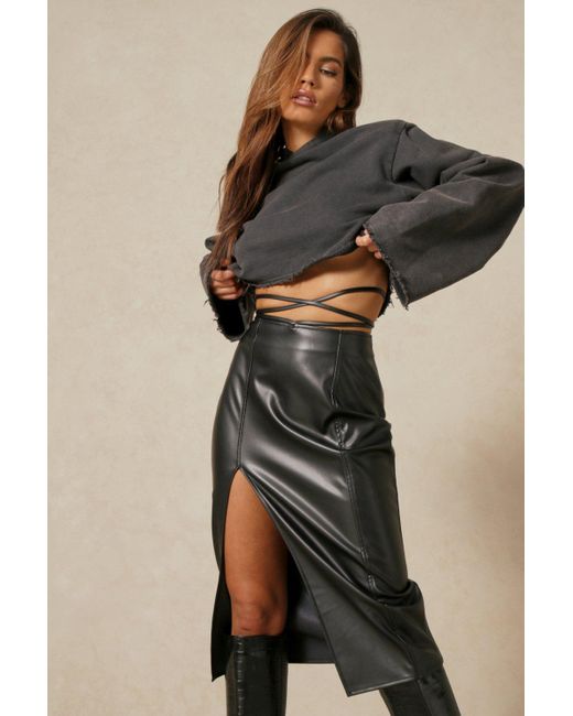 MissPap Natural Leather Look Split Side Wrap Waist Mini Skirt