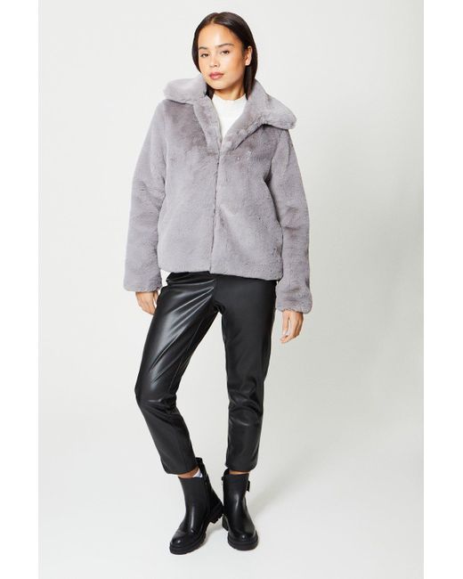 Oasis Gray Petite Plush Faux Fur Short Collared Coat