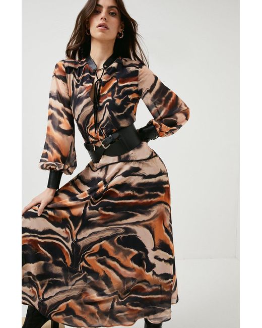 Karen Millen Multicolor Animal Pu Trim And Belt Woven Midi Dress