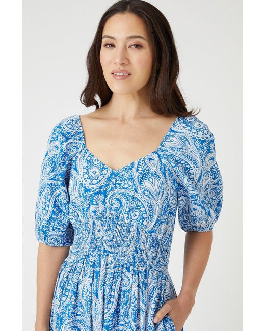 Wallis Blue Paisley Print Linen Look Puff Sleeve Midi Dress