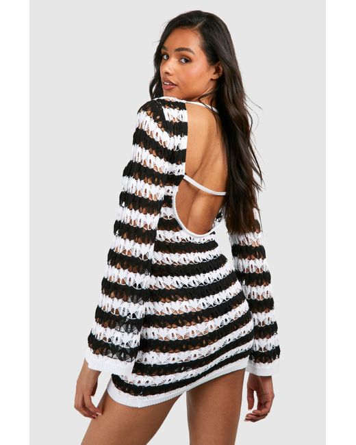 Boohoo White Tall Stripe Crochet Beach Open Back Mini Dress