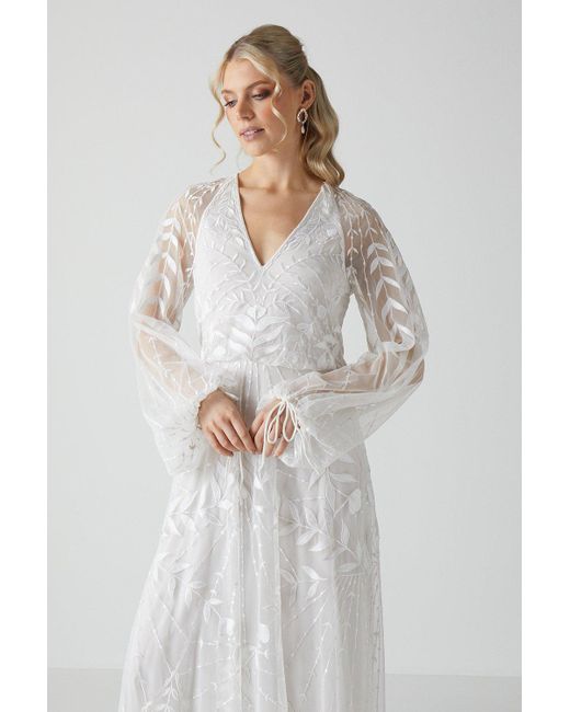 Coast White Boho Embroidered Blouson Sleeve Wedding Dress