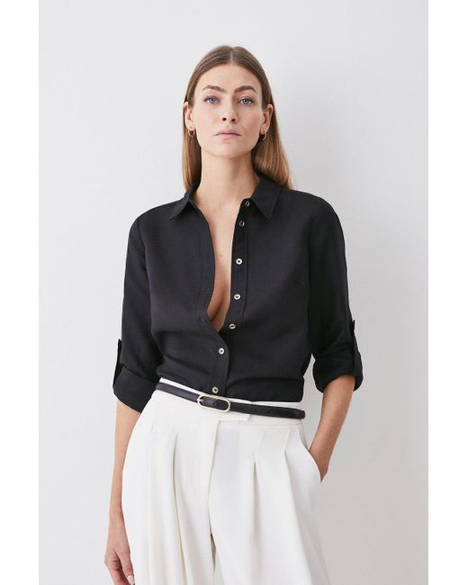 Karen Millen Black Linen Viscose Woven Long Sleeve Shirt