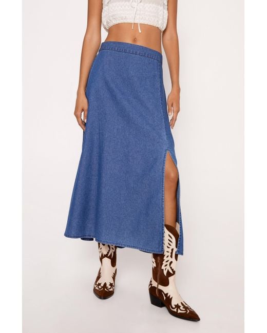 Nasty Gal Blue Denim Split Midi Skirt