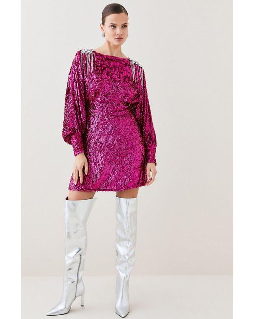 Karen Millen Pink Tall Sequin & Crystal Embellished Woven Dress