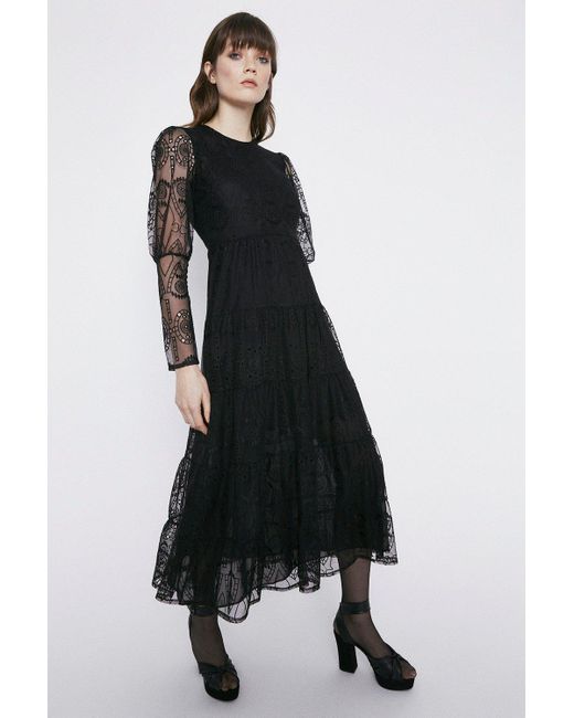 Warehouse Black Lace Tiered Midi Dress