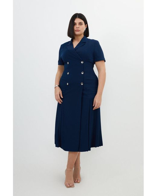 Karen Millen Blue Plus Size Pleated Button Detailed Woven Midi Dress