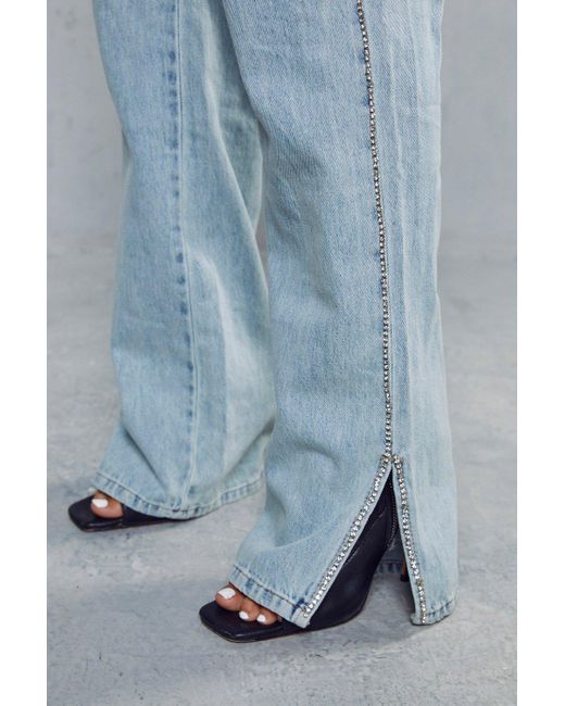 MissPap Blue Diamante Side Split Hem Denim Jeans