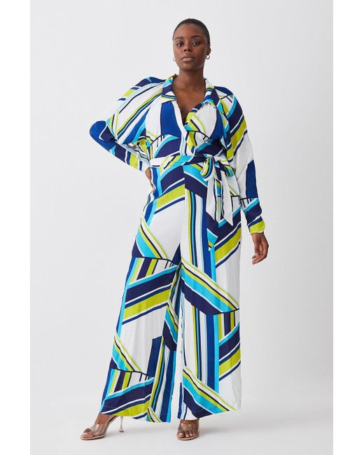 Karen Millen Blue Plus Size Bold Stripe Belted Woven Jumpsuit