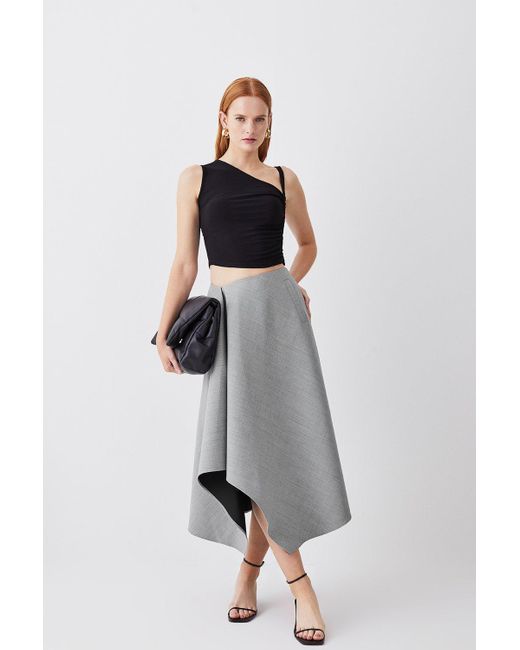 Karen Millen Gray Asymmetric Wool Flannel Midi Full Skirt