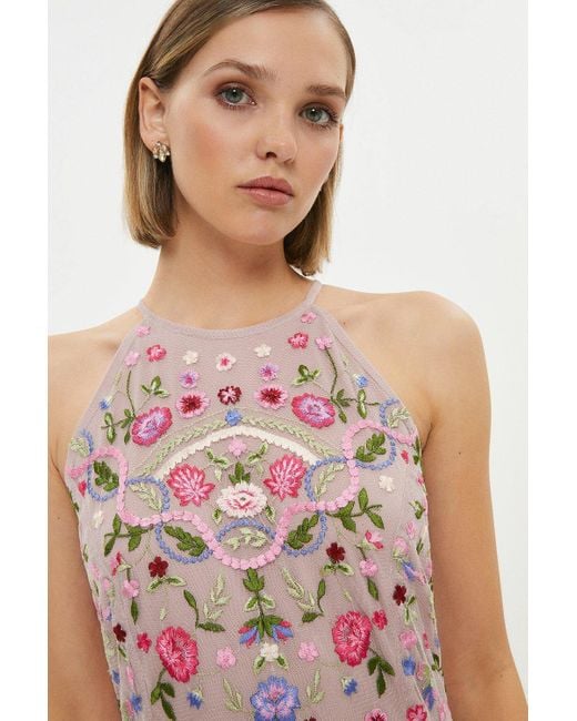 Coast Pink Petite Halter Neck Embroidered Maxi Dress