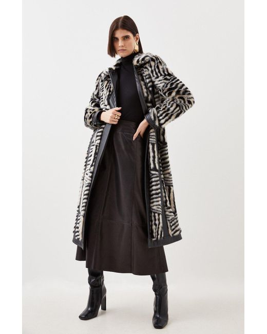 Karen Millen Multicolor Faux Fur Pu Panelled Stripe Belted Coat