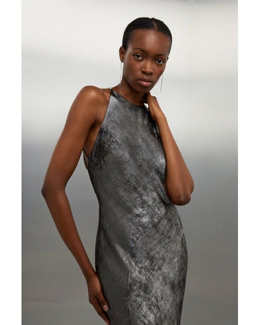 Karen Millen Gray Petite Premium Metallic Diamante Detail Halter Woven Maxi Dress
