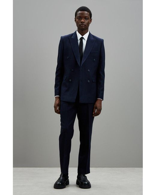 Burton Blue Slim Fit Navy Self Stripe Double Breasted Suit Jacket for men