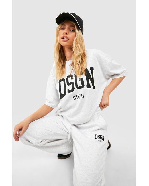 Boohoo White Dsgn Studio Collegiate Slogan T-shirt And Jogger Set